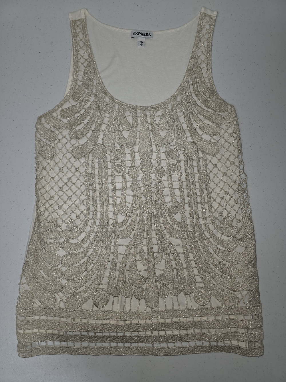 ✨🥂💛 Express Gold Metallic Crochet Tank Art Deco Sleeveless Y2K Going Out Top S